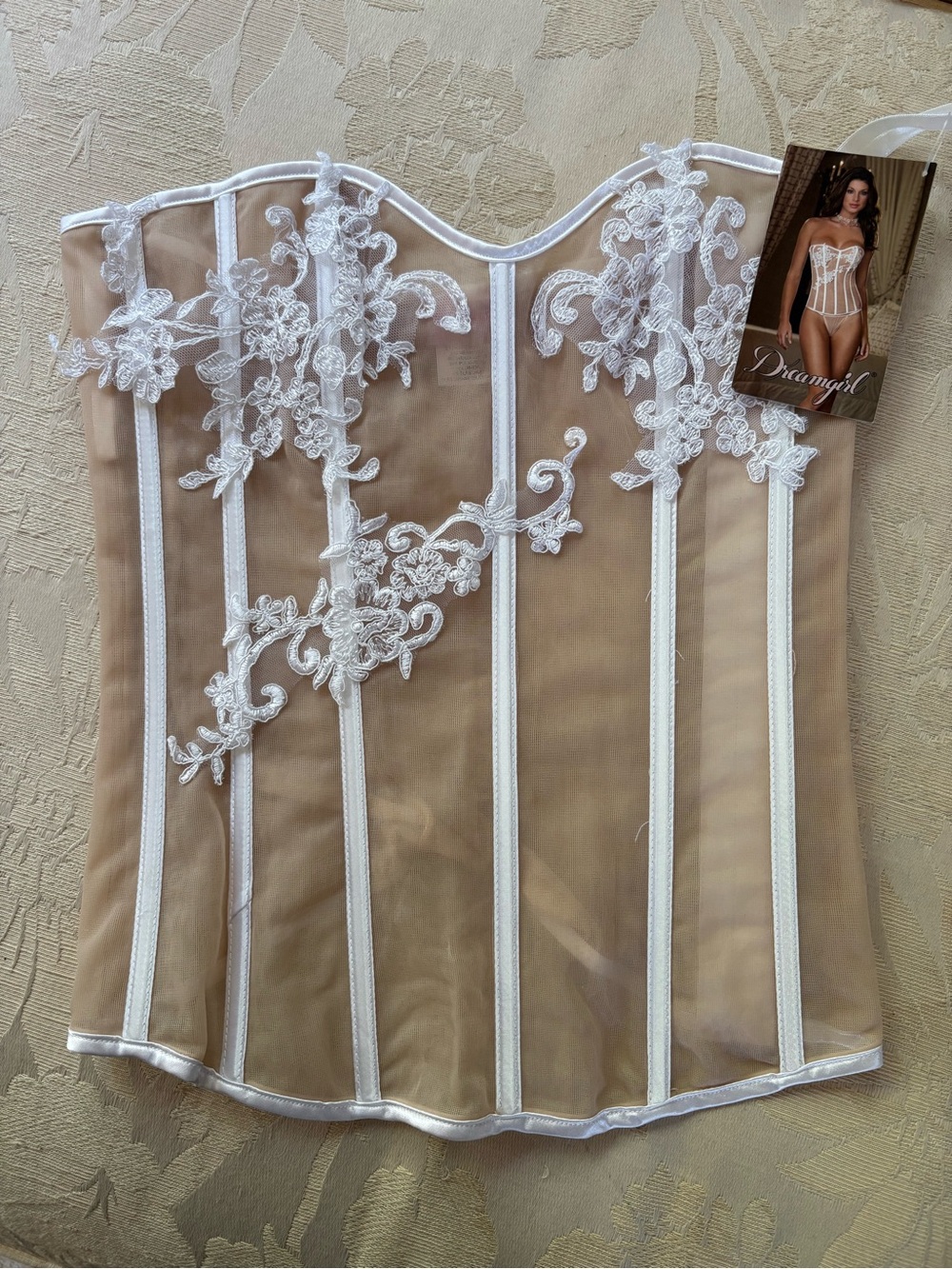 Romantic and Sexy Dreamgirl Sheer Nude Corset Bustier with White Lace